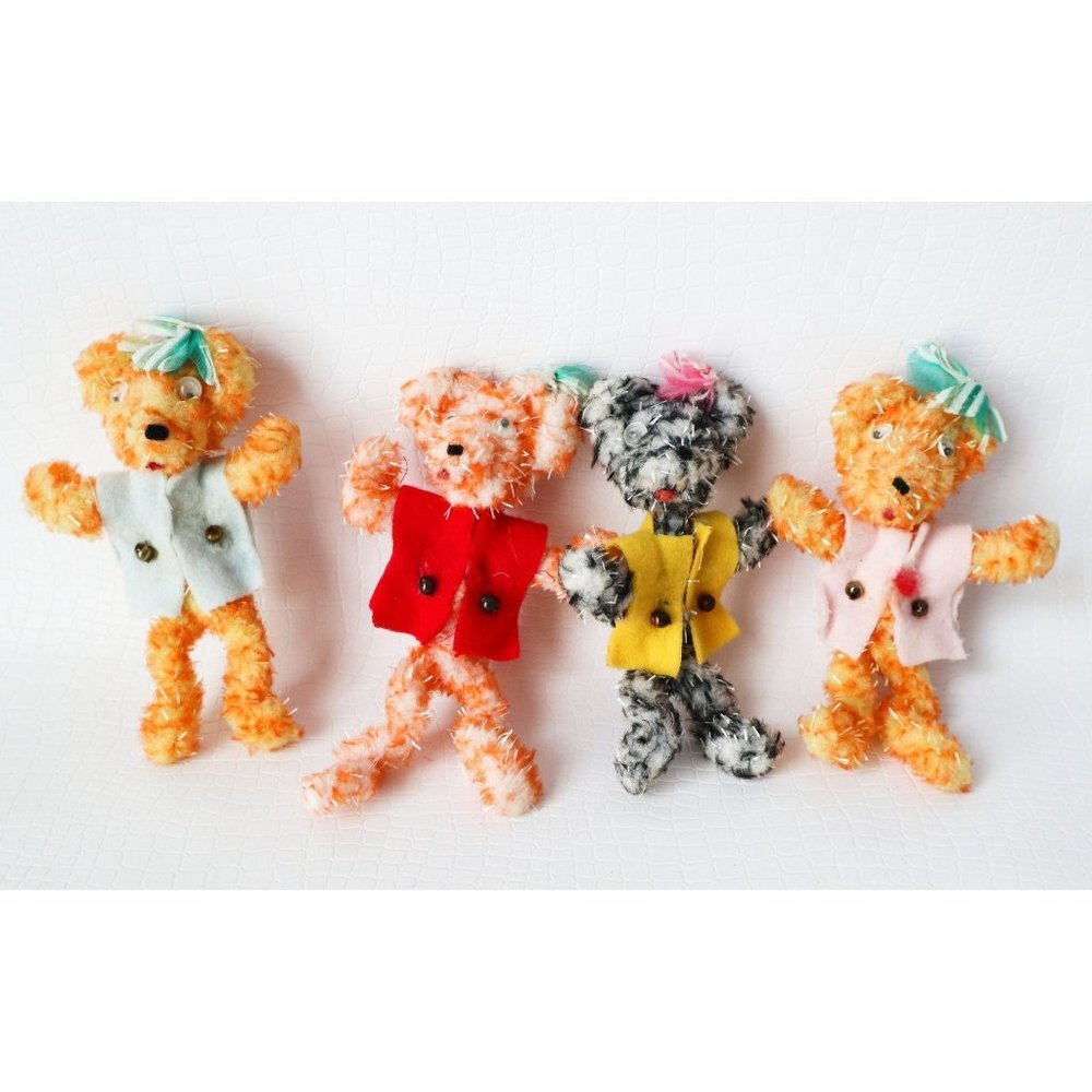 4 Vintage Christmas Ornaments Teddy Bears Googly Eyes Felt Chenille 1960s